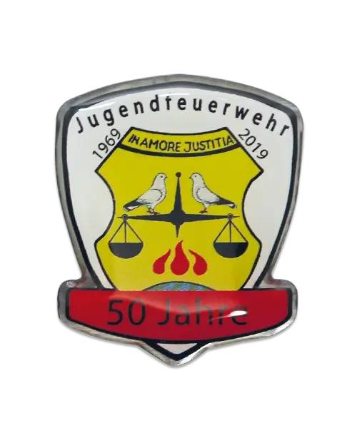 Pin, bedruckt im Offsetdruck „Jugendfeuerwehr 50 Jahre“