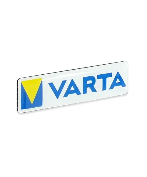 Pin, bedruckt im Siebdruck „Varta“ - Detailansicht
