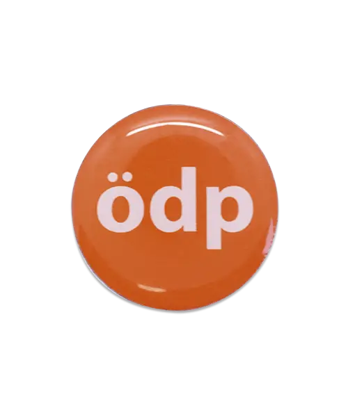 Anstecknadeln, Pin „ÖDP“, 2-farbig bedruckt im Siebdruck - Vorderansicht