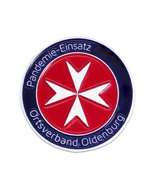 Anstecker Pins Anstecknadeln Pins bedruckt Pins bestellen Werbeartikel Werbemittel, Weichemaille - Johanniter Pandemieeinsatz Ortsverband Oldenburg 3D