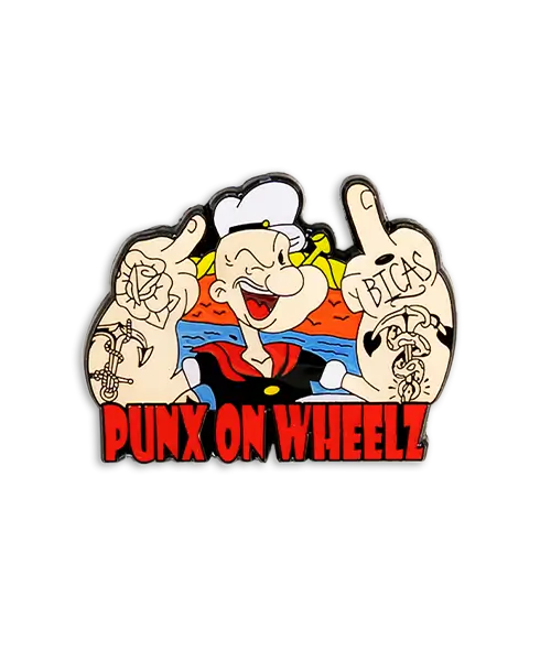Pin, geprägt in Weichemaille „Popeye Punx on wheelz“