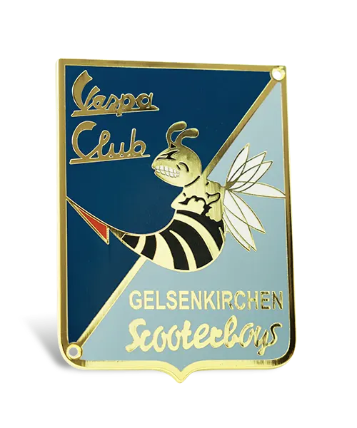 Plakette bestellen im Spritzgussverfahren und 5-farbig emailliert in Hartemaille "Vespa Club Gelsenkirchen Scooterboys"